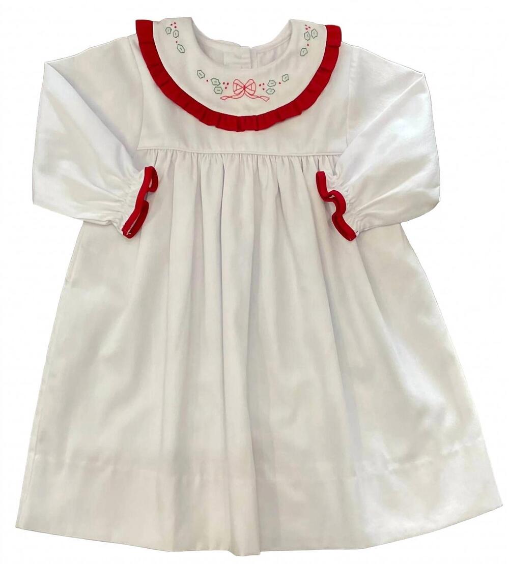 NEW AURALUZ girl's christmas bow embroidered pique dress in white/red